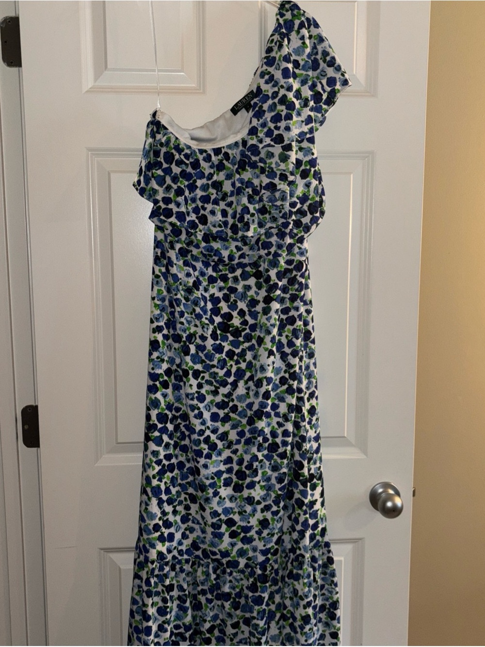 Ralph Lauren White One-Shoulder Floral Maxi Dress with Blue & Green Print